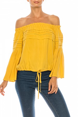 Pintucked Off Shoulder Woven T ...